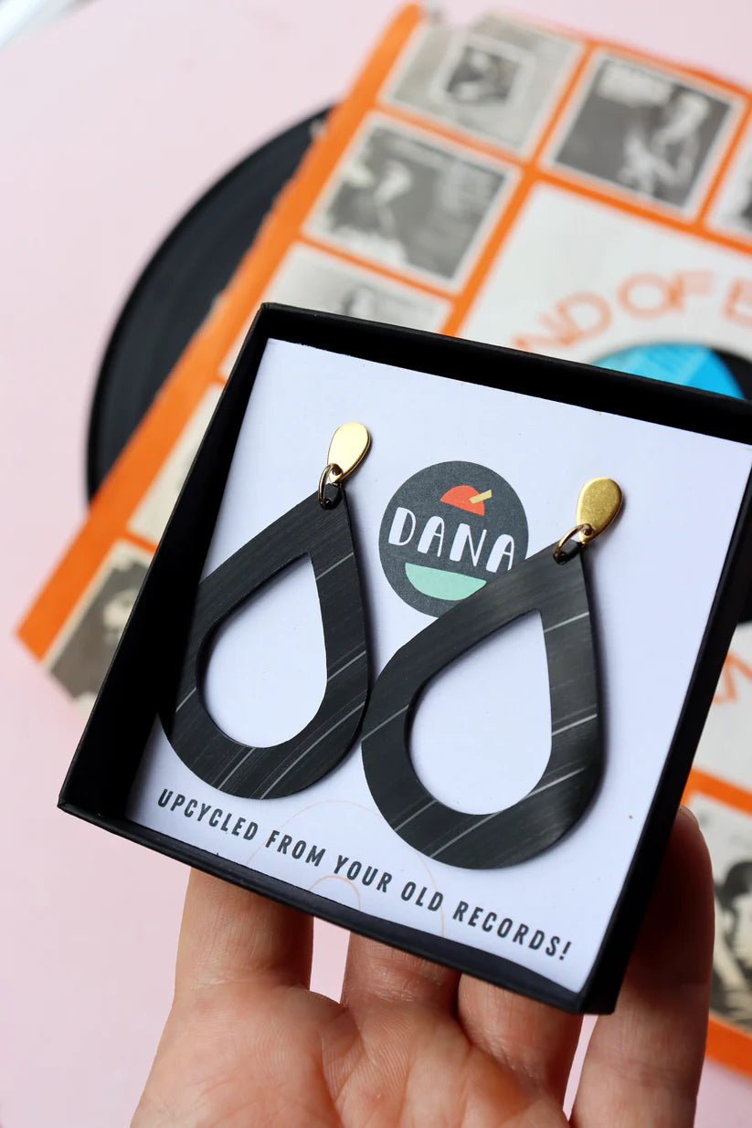 Dana - Black teardrops upcycled from vinyl record - made in Ireland