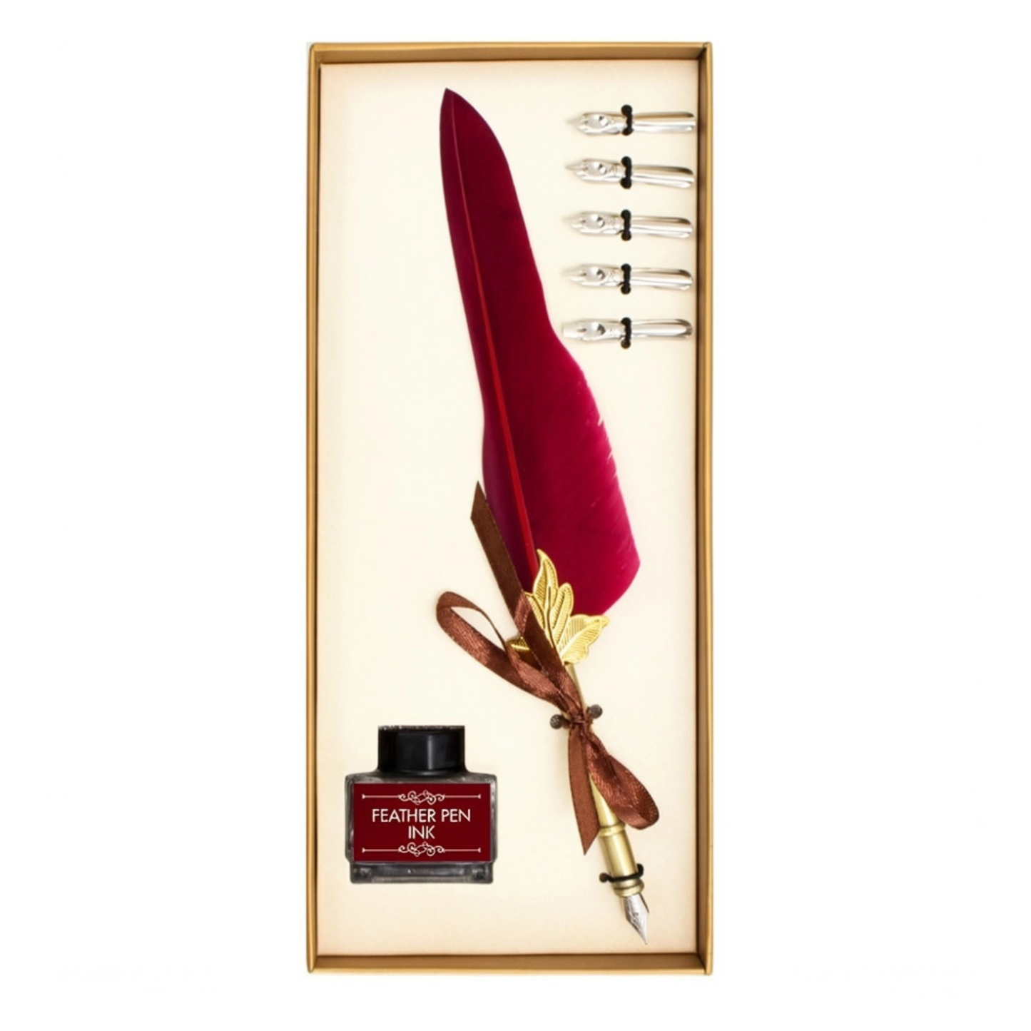 Calligraphy Writing Set, Light Gold Box with Burgundy Feather Pen